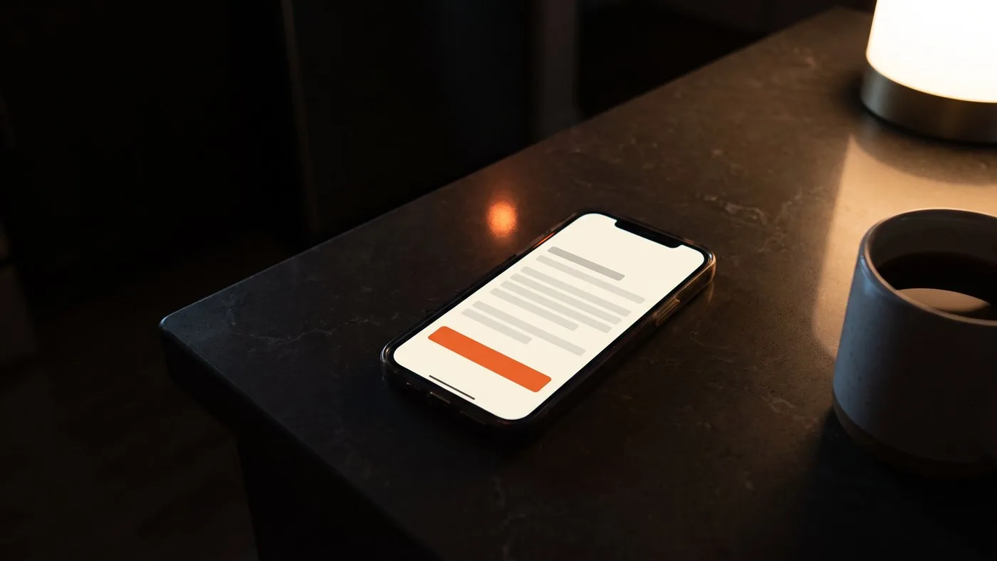 A phone on a dark counter showing a checkout screen, the button never pressed