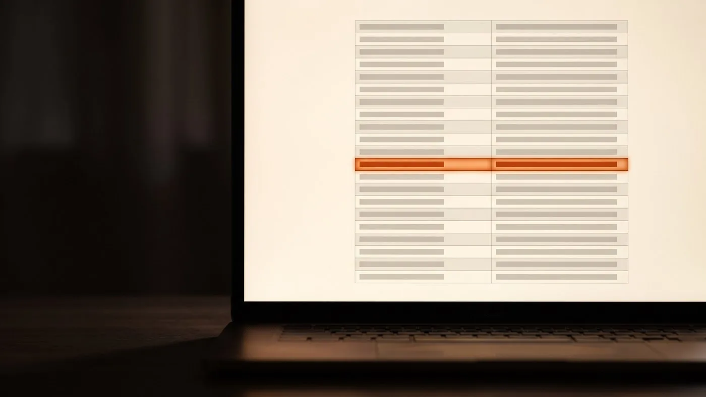 A laptop screen showing a plain report with one row lit